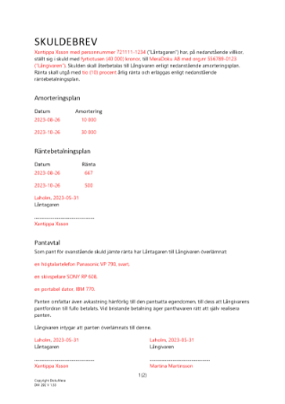 Enkelt skuldebrev amorteringsplan borgen pant