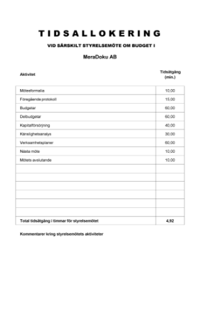 Tidsallokering styrelsemöte budget