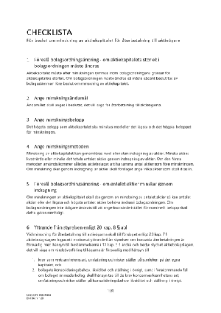 Checklista beslut minskning aktiekap återbetalning