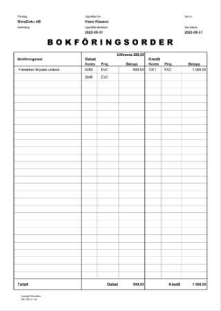 Bokföringsorder 1 sida 2 dimensioner
