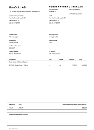 Kundfakturaunderlag med leveransdetaljer