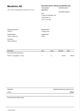 Kundfakturaunderlag utan leveransdetaljer