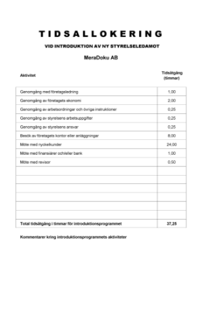 Tidsallokering introduktion ny styrelseledamot