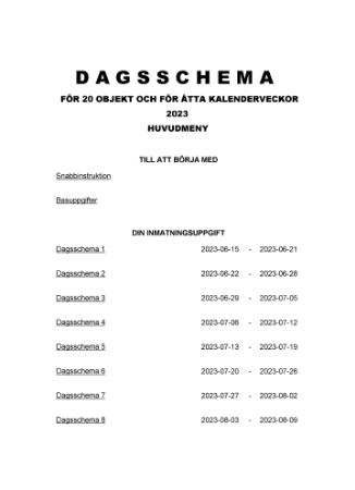 Dagsschema 20 objekt 8 kalenderveckor