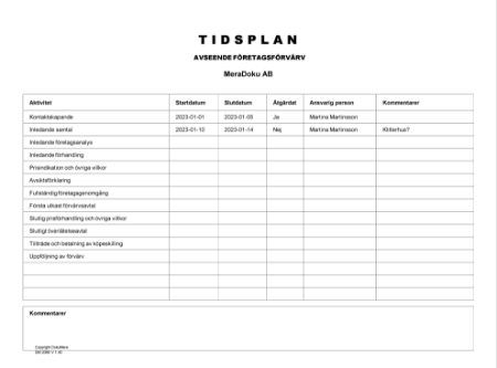 Tidsplan företagsförvärv