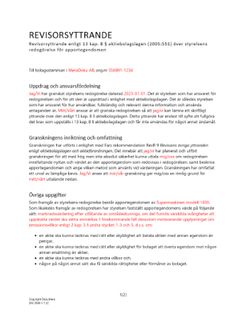 Revisorsyttrande enl 13 kap 8 § ABL (Apportemission)