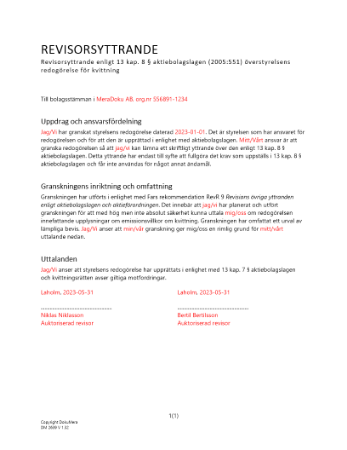 Revisorsyttrande enl 13 kap 8 § ABL (Kvittningsemission)