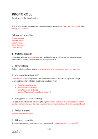 Styrelsemöte - Protokoll från konstituerande styrelsemöte