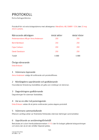 Protokoll från extra bolagsstämma - Upprättande av avstämningsförbehåll