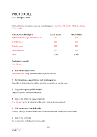 Protokoll från extra bolagsstämma - Ny styrelse