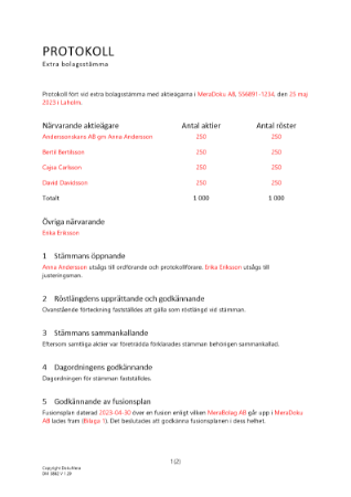 Protokoll från extra bolagsstämma - absorption helägt DB