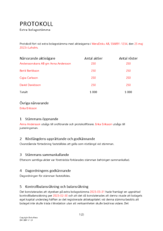 Protokoll från extra bolagsstämma - Andra kontrollstämman