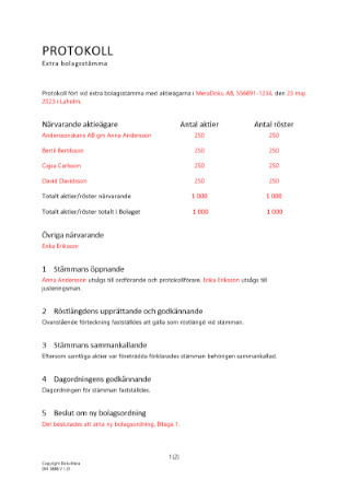 Protokoll från extra bolagsstämma - Minskning _Ej avstämningsbolag_