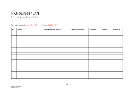 Handlingsplan för reducering av arbetsmiljörisker
