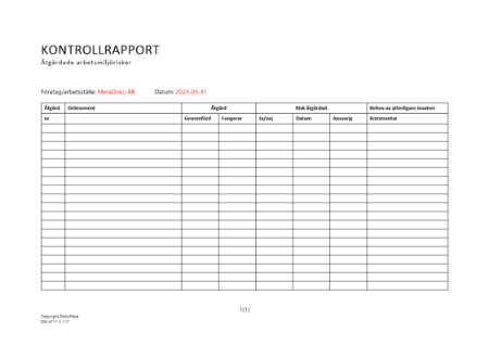 Kontrollrapport för åtgärdade arbetsmiljörisker