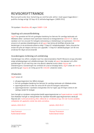 Revisorsyttrande enl 13 kap 42 § ABL (Emission med apportegendom)