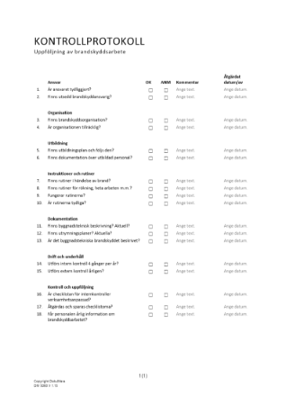Kontrollprotokoll - uppföljning av brandskyddsarbete