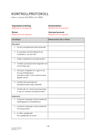 Kontrollprotokoll - intern revision ISO 9001 och 14001