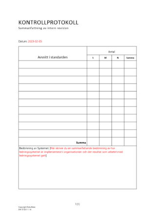 Kontrollprotokoll - sammanfattning av intern revision ISO 9001 och 14001