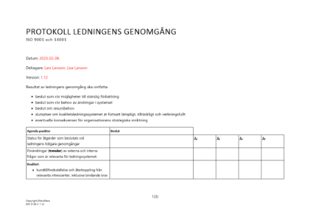 Protokoll ledningens genomgång av ISO 9001 och 14001