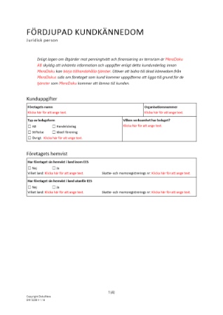 Frågeformulär fördjupad kundkännedom - juridisk person