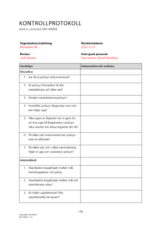 Kontrollprotokoll - intern revision ISO 45001