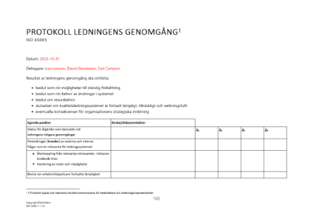 Protokoll ledningens genomgång av ISO 45001