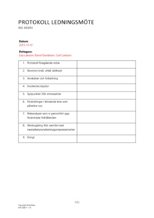 Protokoll ledningsmöte ISO 45001