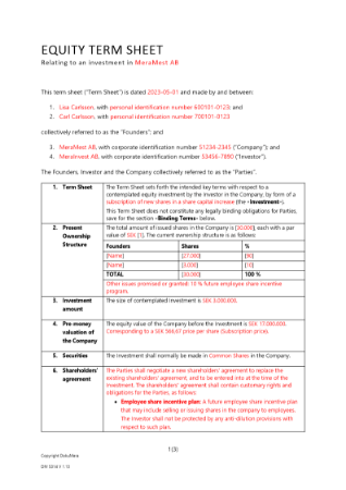 Underlag för investering (Equity Term Sheet) Engelsk