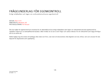 Frågeunderlag för egenkontroll enligt miljöbalken