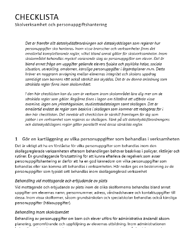  Checklista – skolverksamhet och personuppgiftshantering