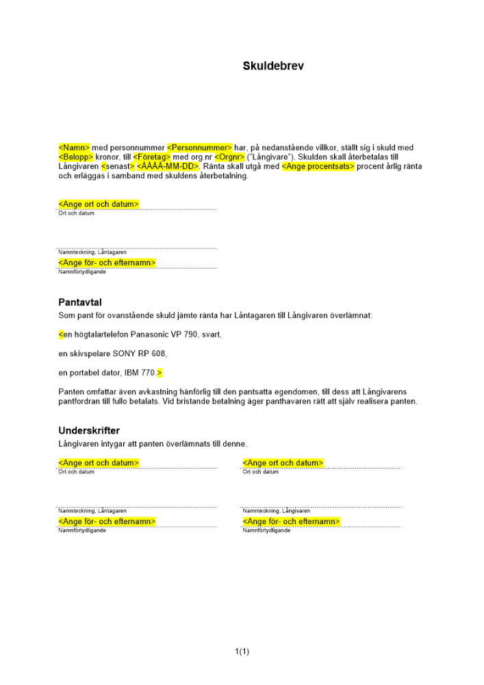 Enkelt skuldebrev pant