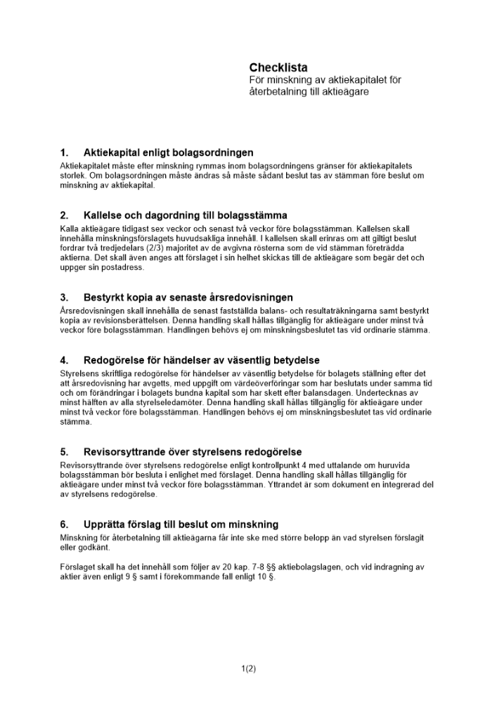 Checklista minskning aktiekap återbetalning