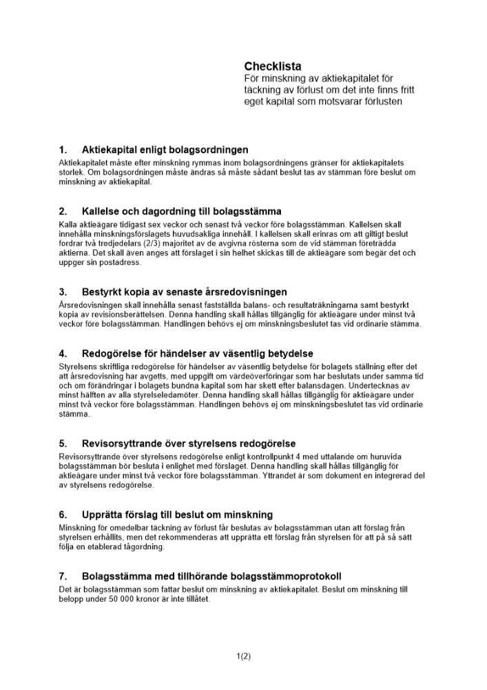 Checklista minskning aktiekap förlusttäckning