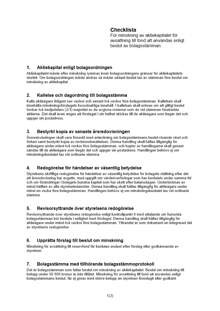 Checklista minskning aktiekap avsättning
