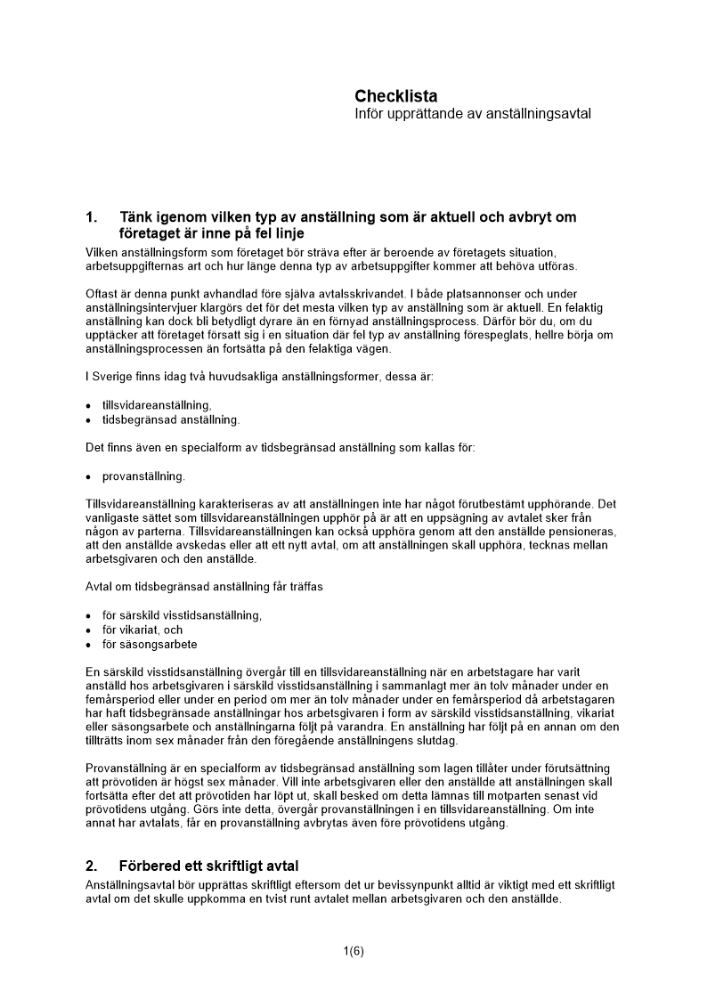 Checklista anställningsavtal