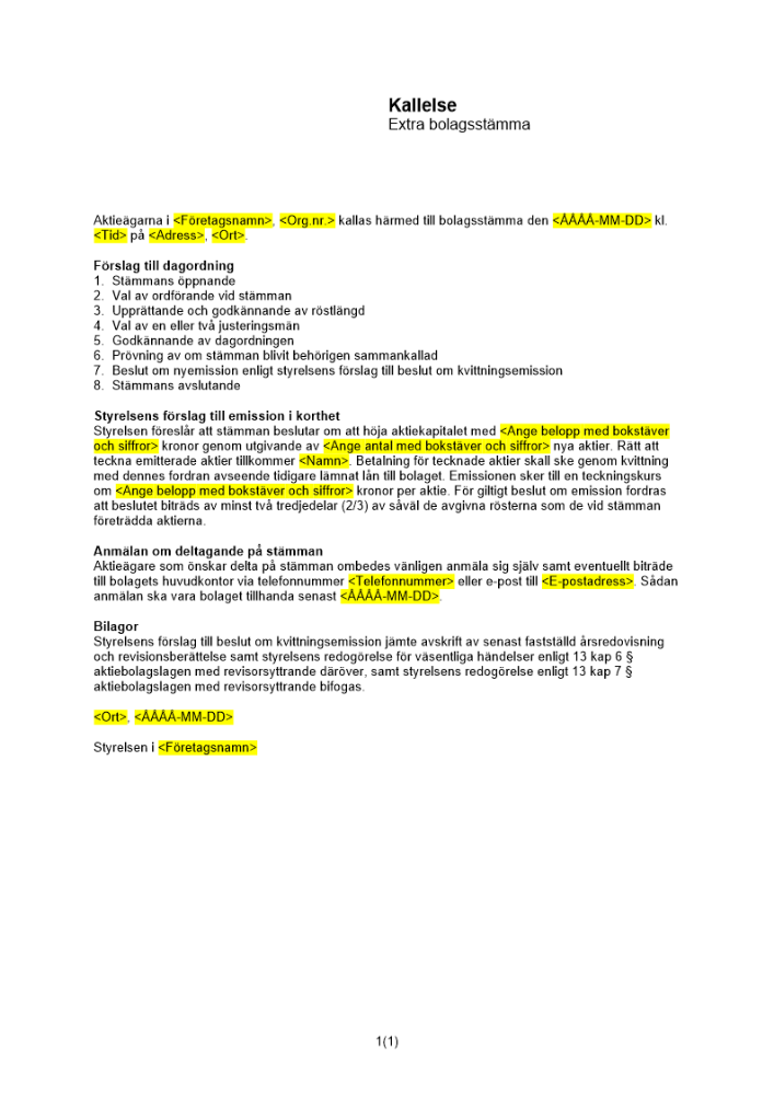 Kallelse extra bolagsstämma kvittningsemission