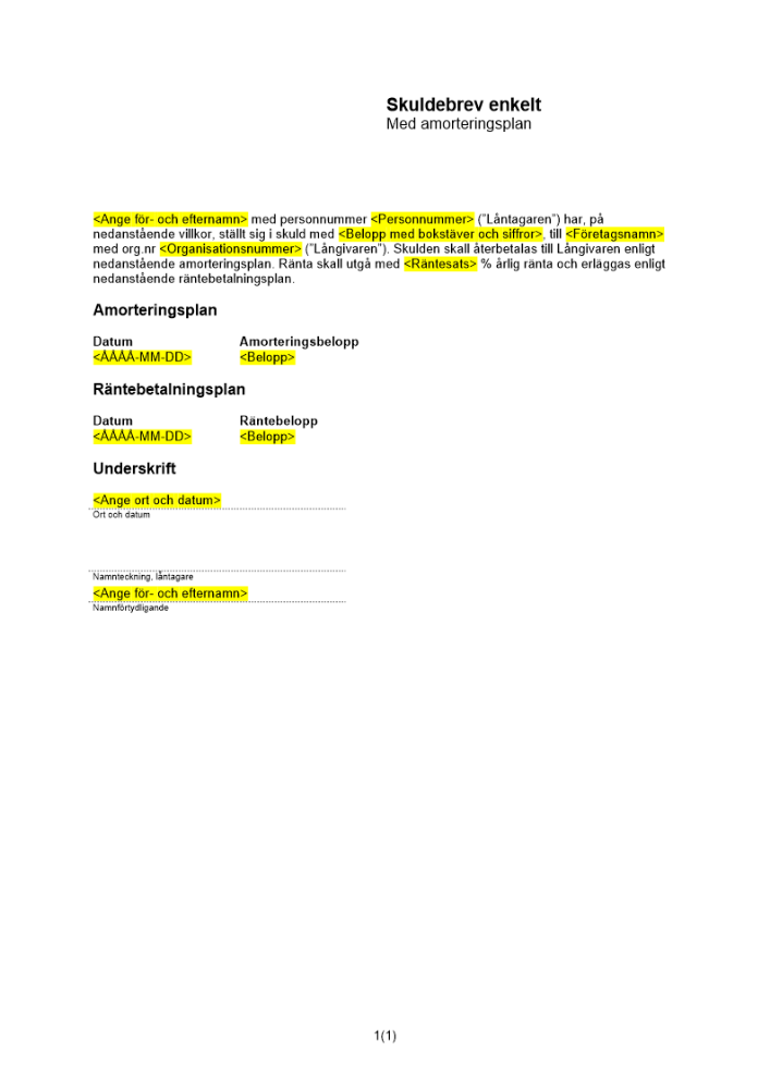 Enkelt skuldebrev amorteringsplan