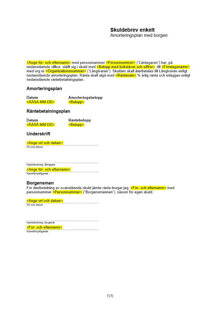 Enkelt skuldebrev amorteringsplan borgen