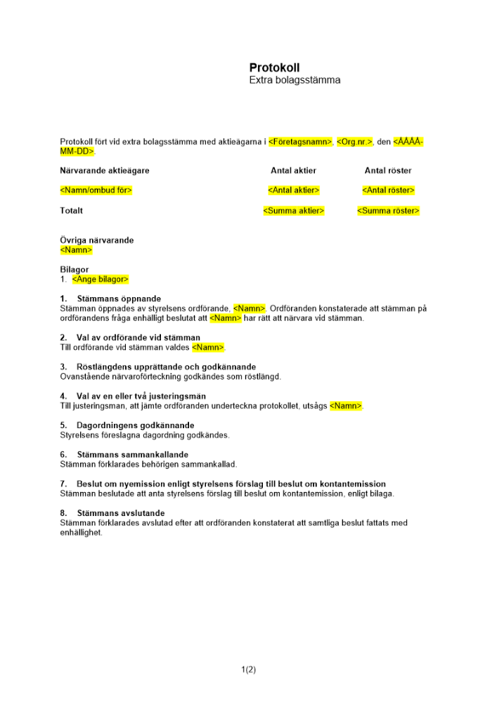 Protokoll extra bolagsstämma kontantemission