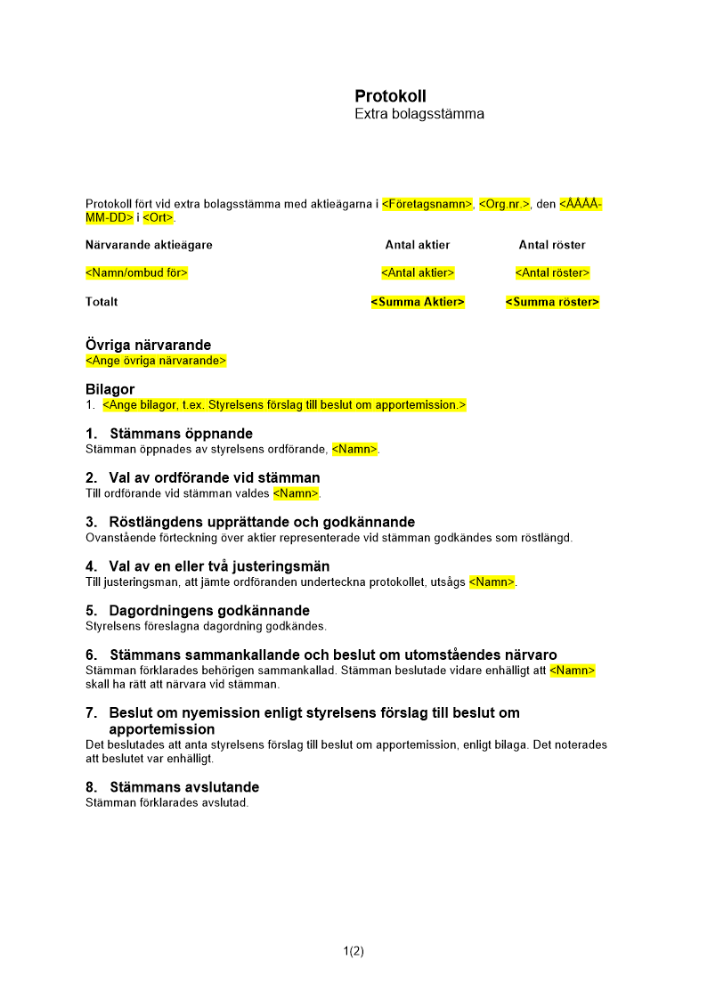 Protokoll extra bolagsstämma apportemission