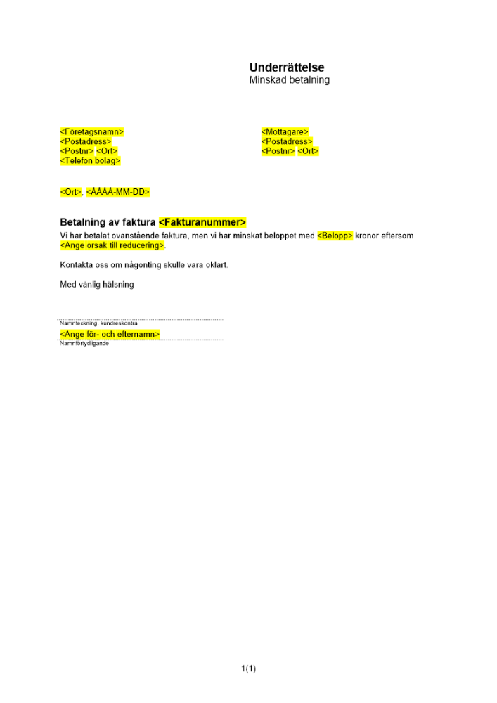 Underrättelse om minskad betalning