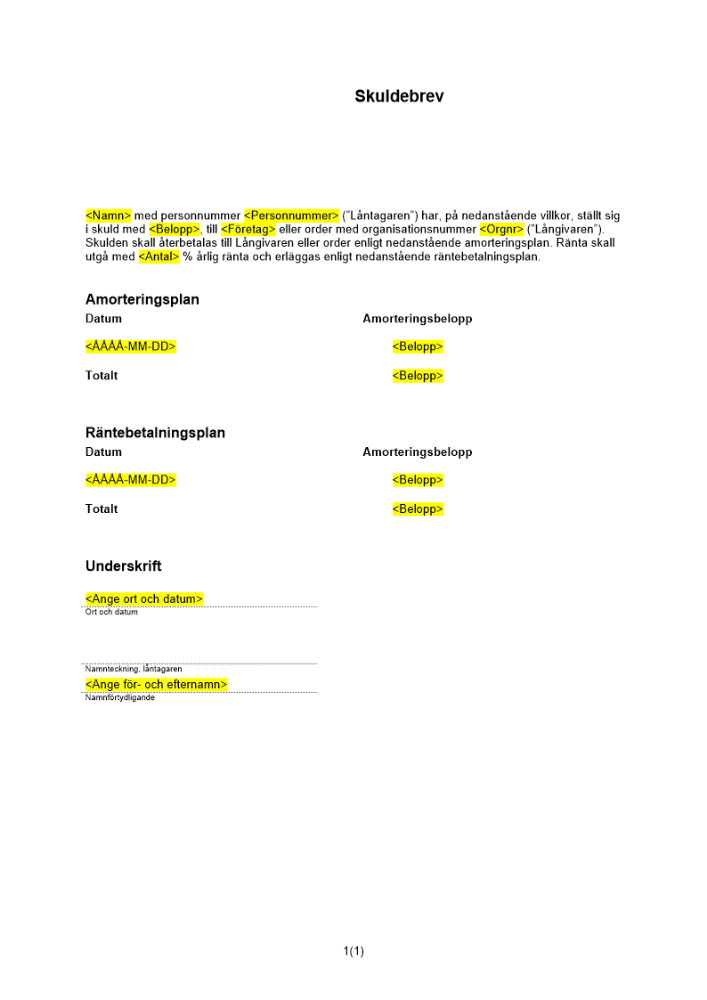 Löpande skuldebrev amorteringsplan