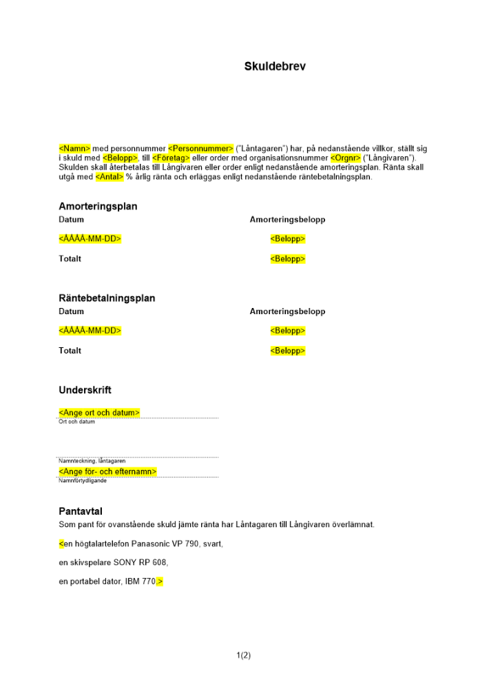 Löpande skuldebrev amorteringsplan borgen pant