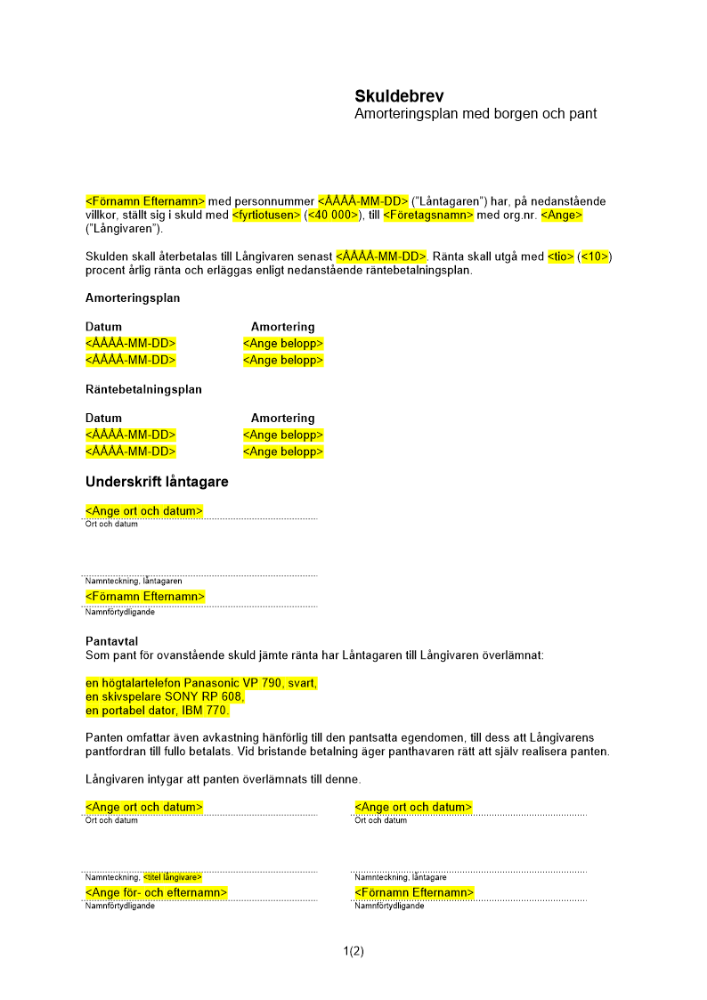 Enkelt skuldebrev amorteringsplan borgen pant