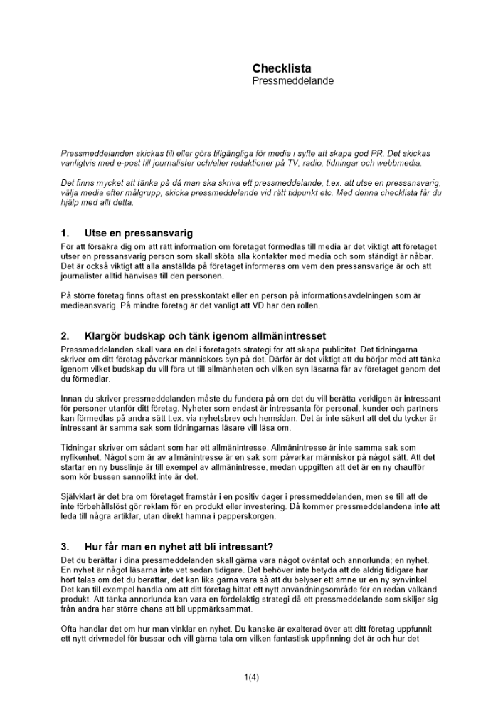 Checklista pressmeddelanden
