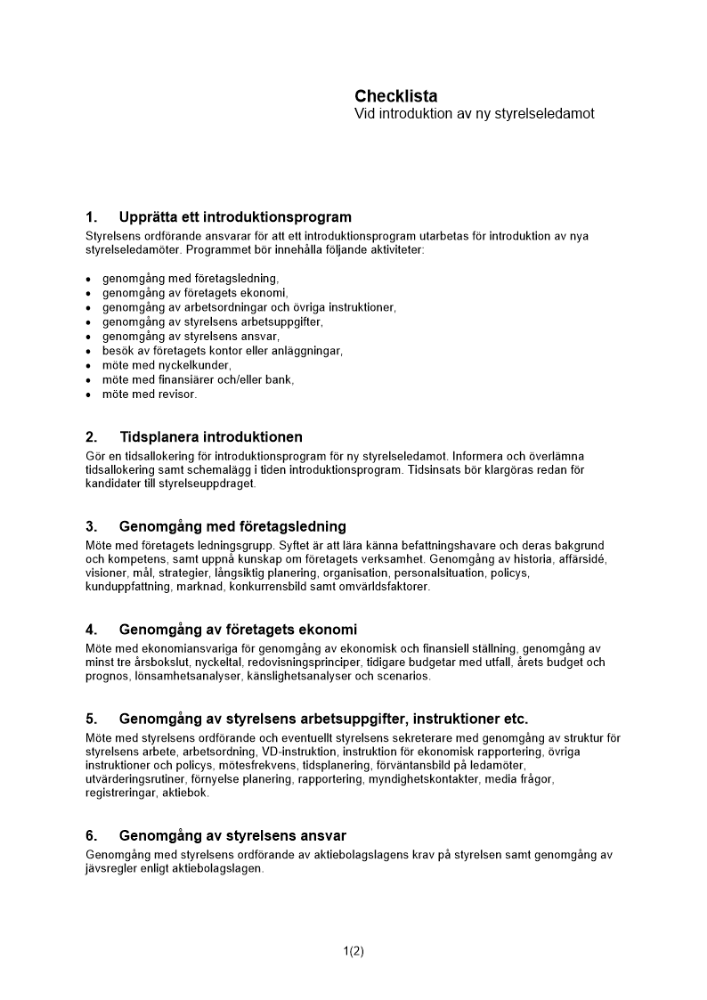 Checklista introduktion ny styrelseledamot