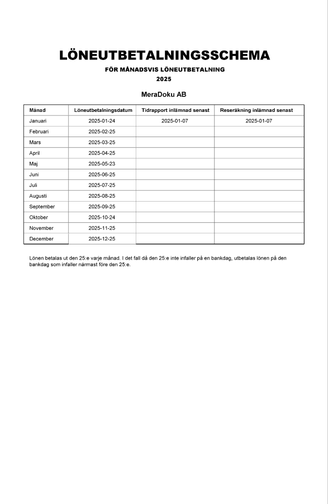 Löneutbetalningsschema månadsvis 2025