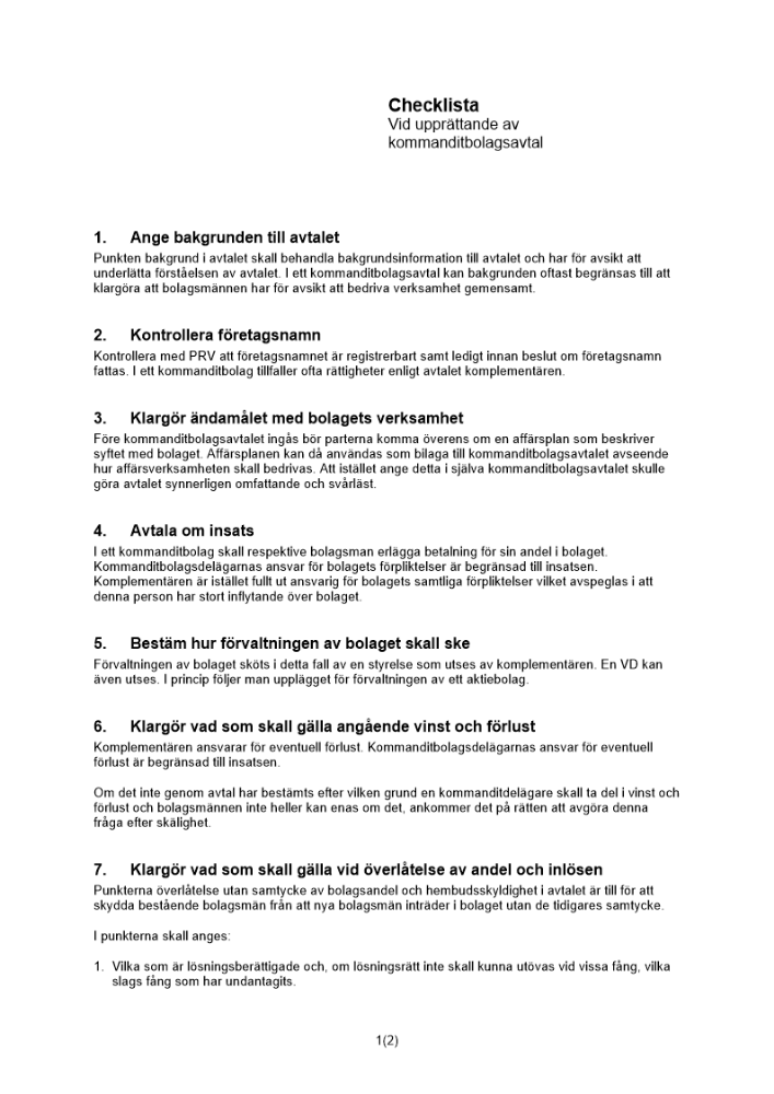 Checklista kommanditbolagsavtal