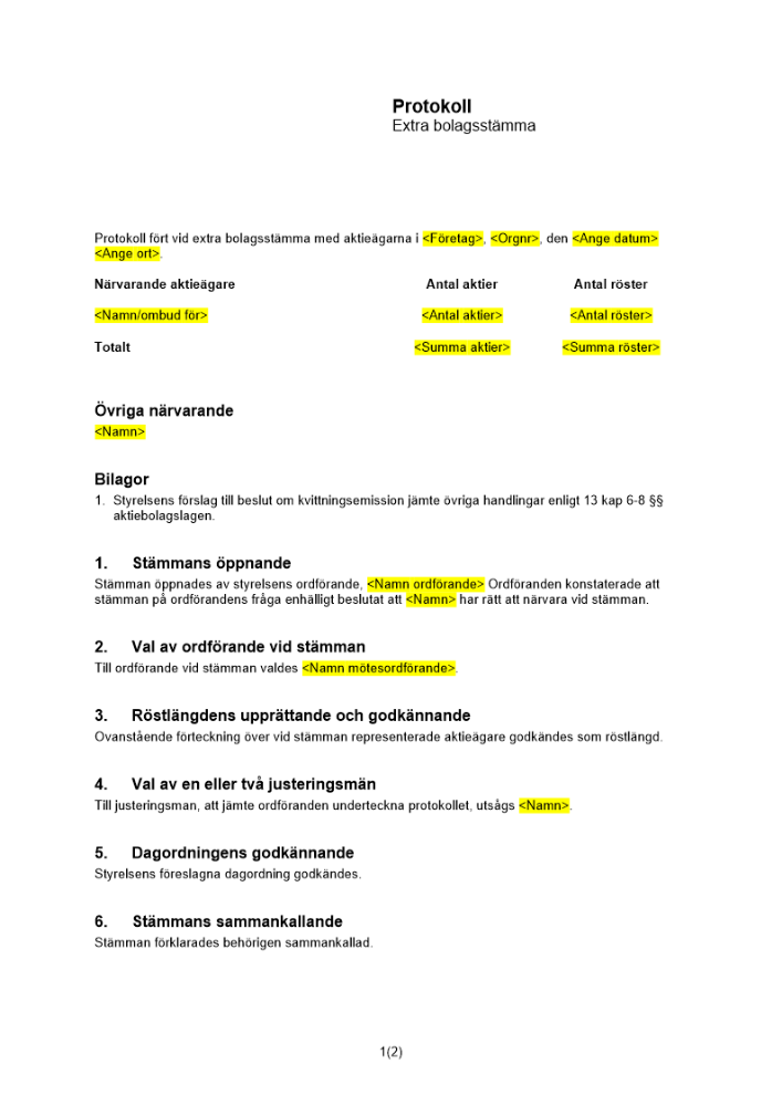 Testar mappning protokoll extra bolagsstämma